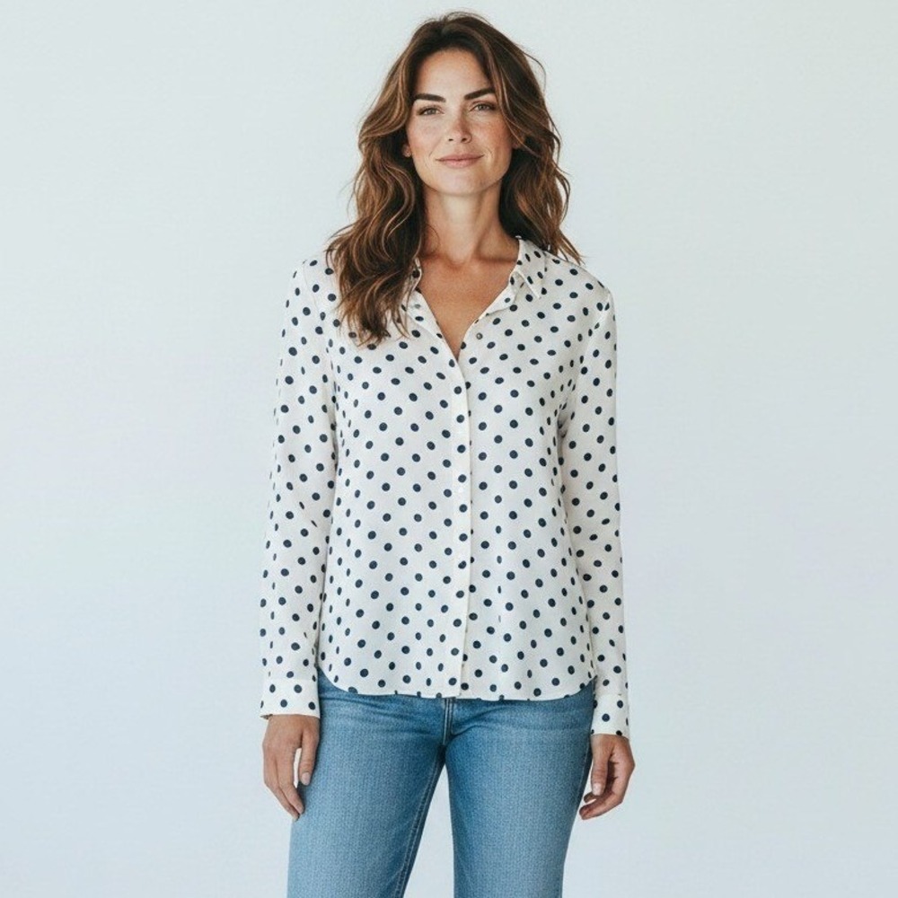 Equipment Femme 100% Silk Polka Dot Button Up Shirt Cream Navy Womens M